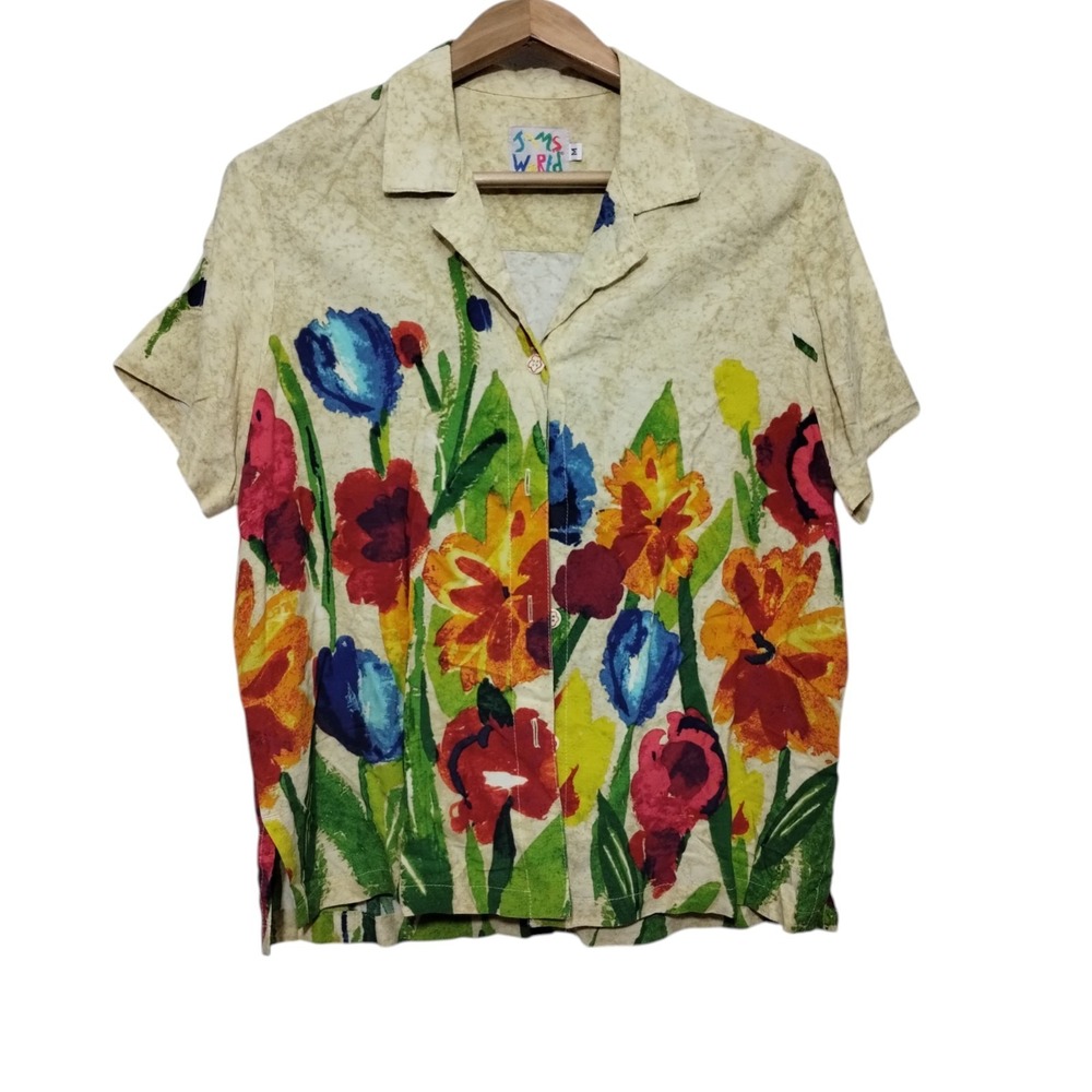 Vintage Jams World Button-down Shirt Women's M Colorful Floral Watercolor